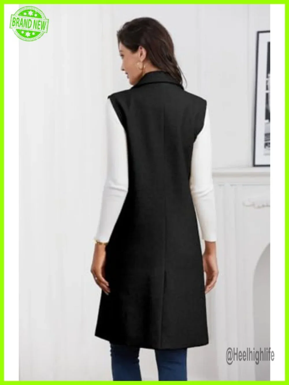 Long Sleeveless Wool Blazer Vest Jacket Waistcoat with Pockets
